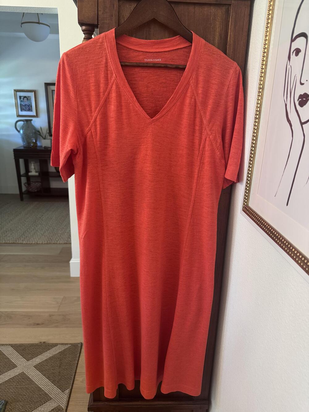Eileen Fisher T-Shirt Dress Women's Medium Orange Hemp Organic Cotton V Neck